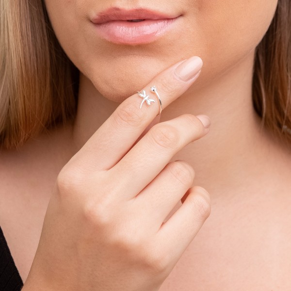 Anel Falange Regulável Libélula e Pedra em Prata 925 no Atacado 