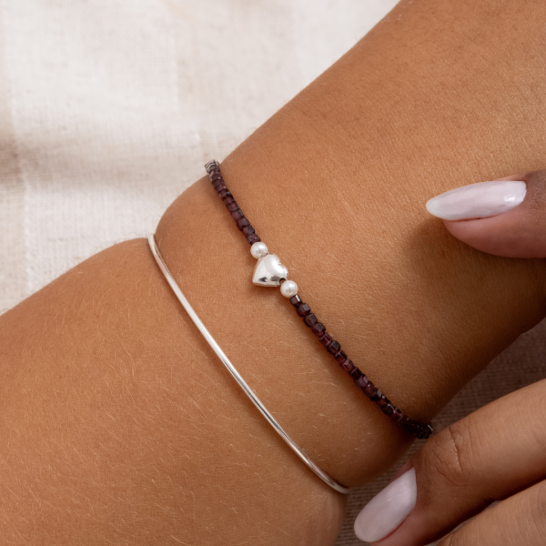 Pulseira Granada com Coração e Pérola Shell no Atacado